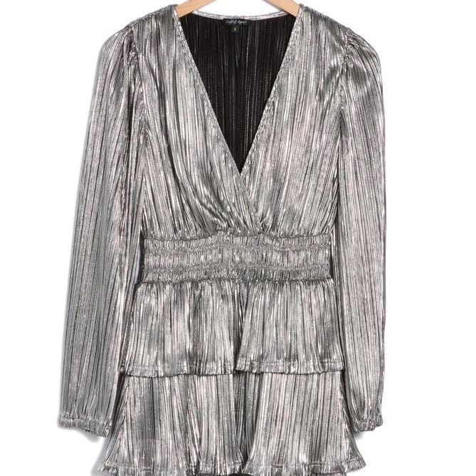 Wishlist Apparel Silver Metallic Fit And Flare Ruffled Dress Med Nwot